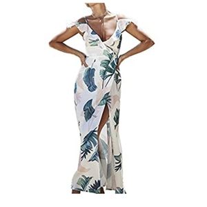 White with Leaf Prints Maxi Dress. SIZE M